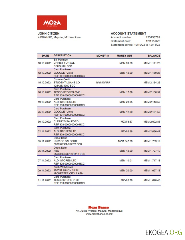 Relevé bancaire Moza du Mozambique xls